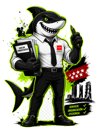 Mascota Oposhark de Auxiliar Administrativo (Administración General, C2) — Comunidad de Madrid